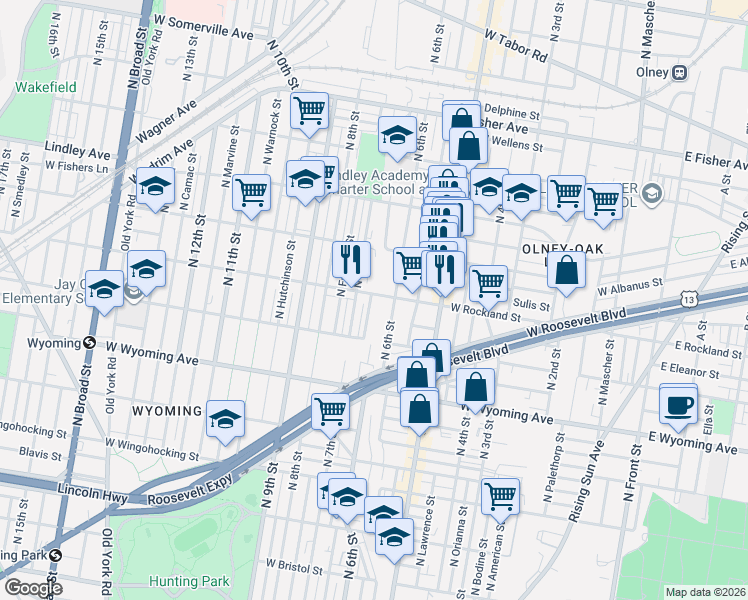 map of restaurants, bars, coffee shops, grocery stores, and more near 4872 North 6th Street in Philadelphia