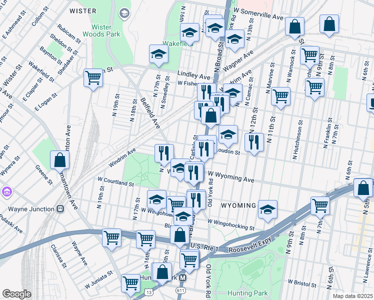 map of restaurants, bars, coffee shops, grocery stores, and more near 4745 North 15th Street in Philadelphia