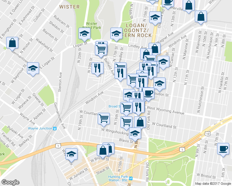 map of restaurants, bars, coffee shops, grocery stores, and more near 1616 West Mentor Street in Philadelphia