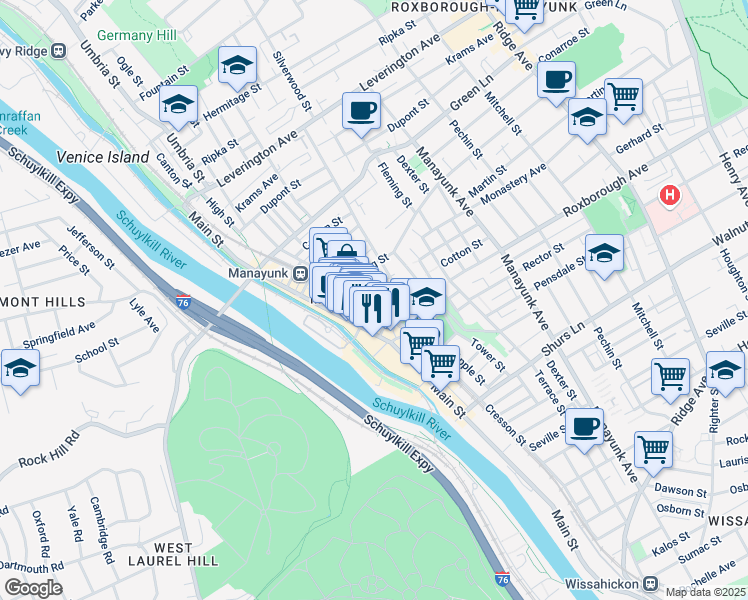 map of restaurants, bars, coffee shops, grocery stores, and more near 118 Cotton Street in Philadelphia