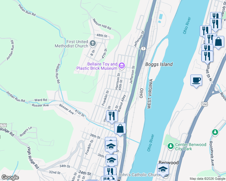 map of restaurants, bars, coffee shops, grocery stores, and more near 4365 Harrison Street in Bellaire
