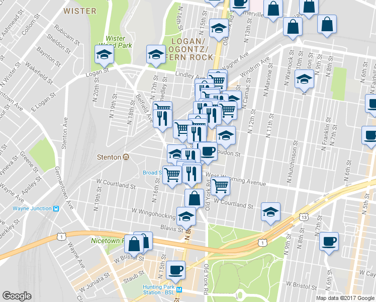map of restaurants, bars, coffee shops, grocery stores, and more near 4754 North Carlisle Street in Philadelphia