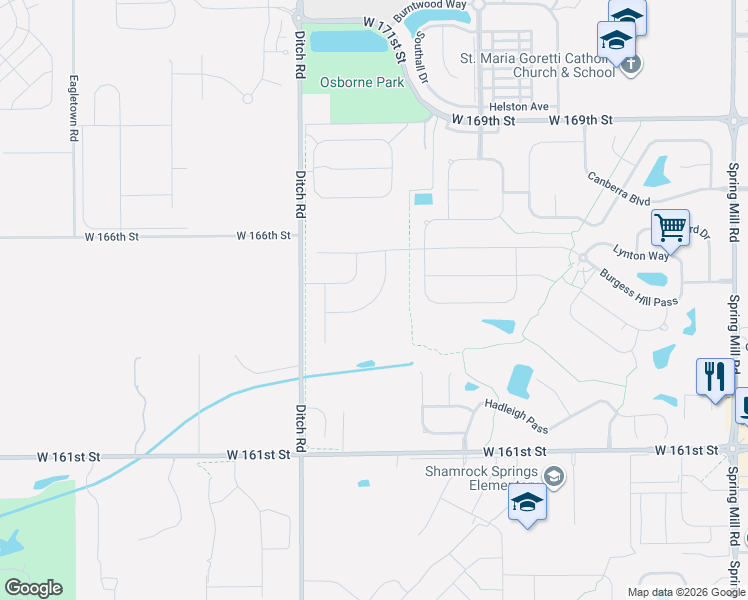 map of restaurants, bars, coffee shops, grocery stores, and more near Trifecta Way in Westfield