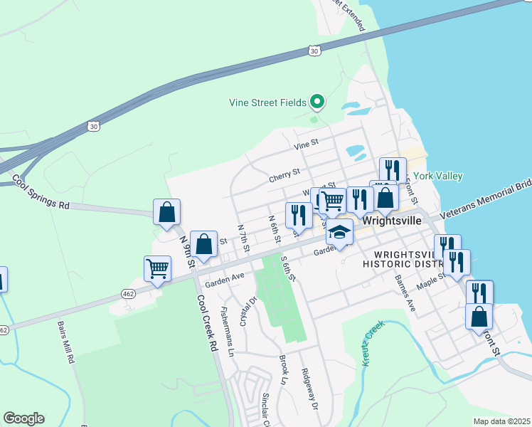 map of restaurants, bars, coffee shops, grocery stores, and more near 255 South 6th Street in Wrightsville