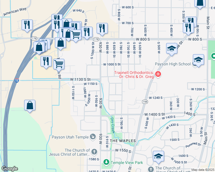 map of restaurants, bars, coffee shops, grocery stores, and more near 1172 South 880 West in Payson