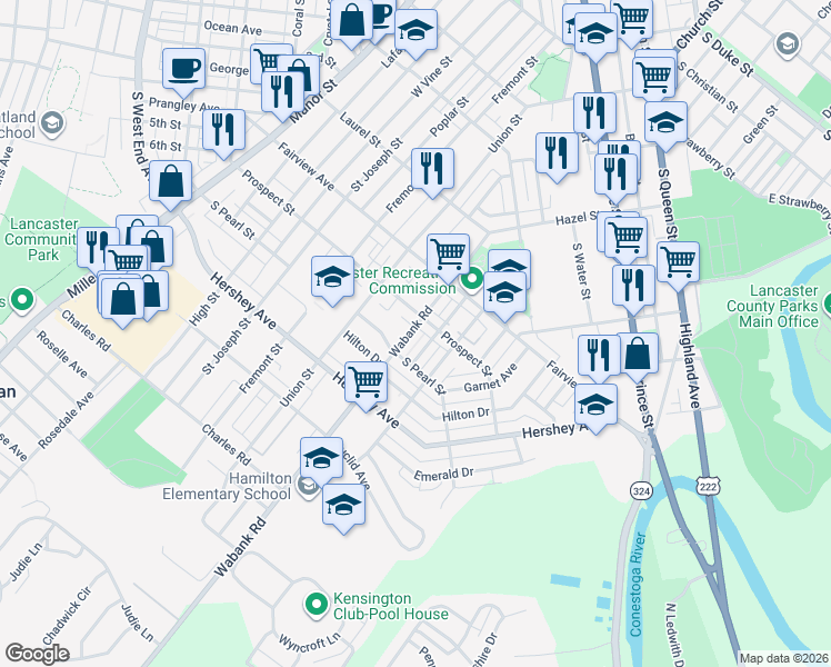 map of restaurants, bars, coffee shops, grocery stores, and more near 920 Wabank Road in Lancaster