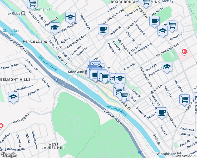 map of restaurants, bars, coffee shops, grocery stores, and more near 4346 Cresson Street in Philadelphia