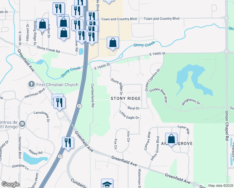map of restaurants, bars, coffee shops, grocery stores, and more near 16325 Stony Ridge Drive in Noblesville