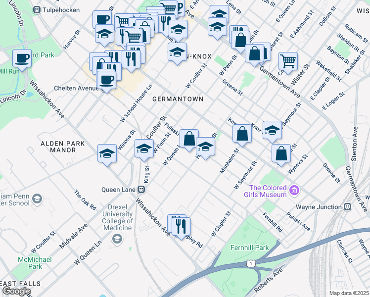 map of restaurants, bars, coffee shops, grocery stores, and more near 314 West Queen Lane in Philadelphia