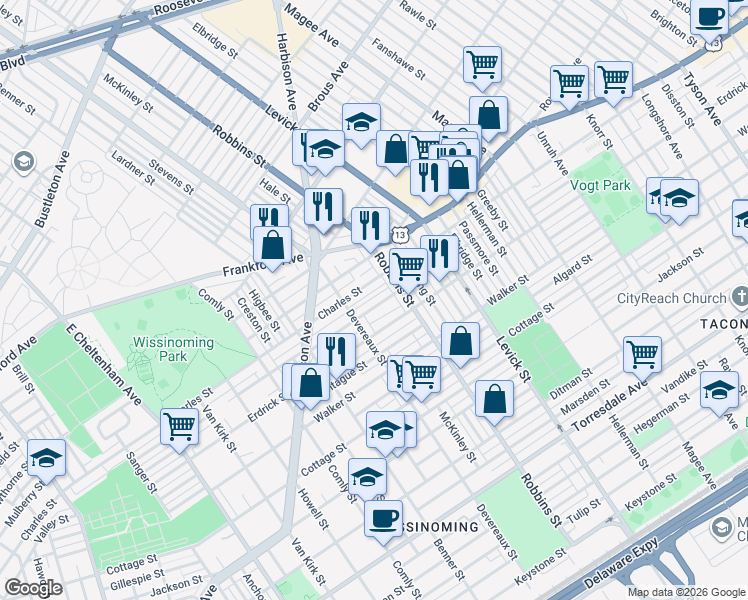 map of restaurants, bars, coffee shops, grocery stores, and more near 6230 Tackawanna Street in Philadelphia