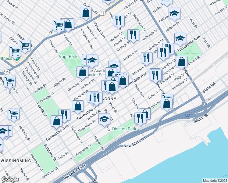 map of restaurants, bars, coffee shops, grocery stores, and more near 6836 Torresdale Avenue in Philadelphia