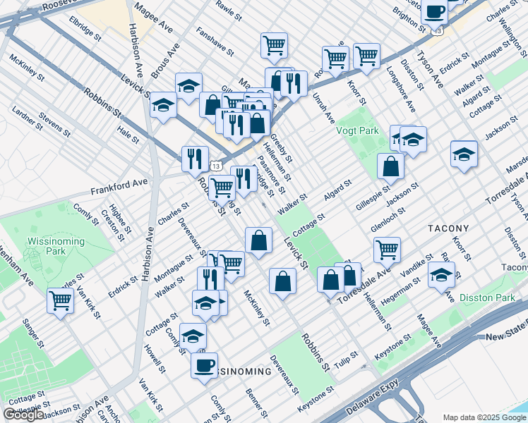 map of restaurants, bars, coffee shops, grocery stores, and more near 4232 Levick Street in Philadelphia