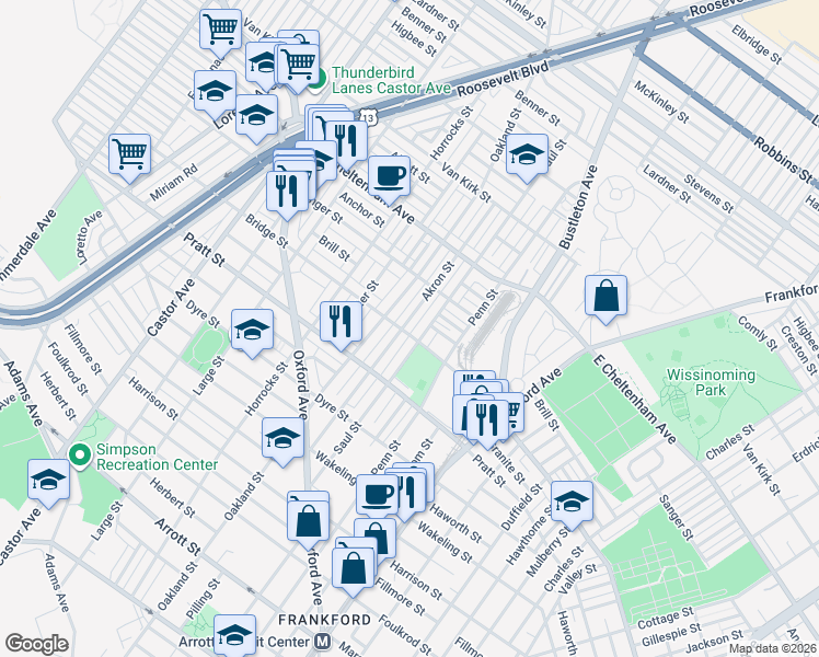 map of restaurants, bars, coffee shops, grocery stores, and more near 5260 Akron Street in Philadelphia