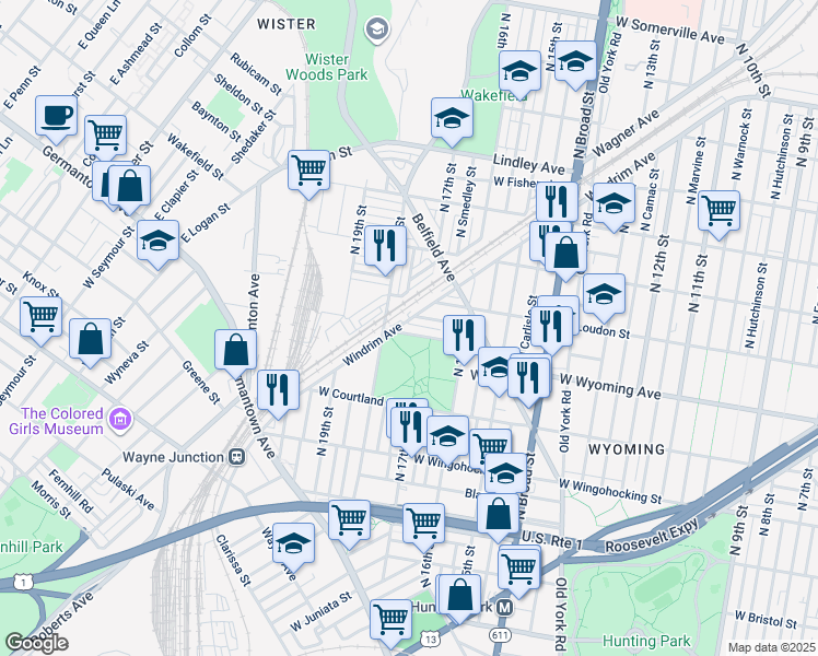 map of restaurants, bars, coffee shops, grocery stores, and more near 1673 West Wyoming Avenue in Philadelphia