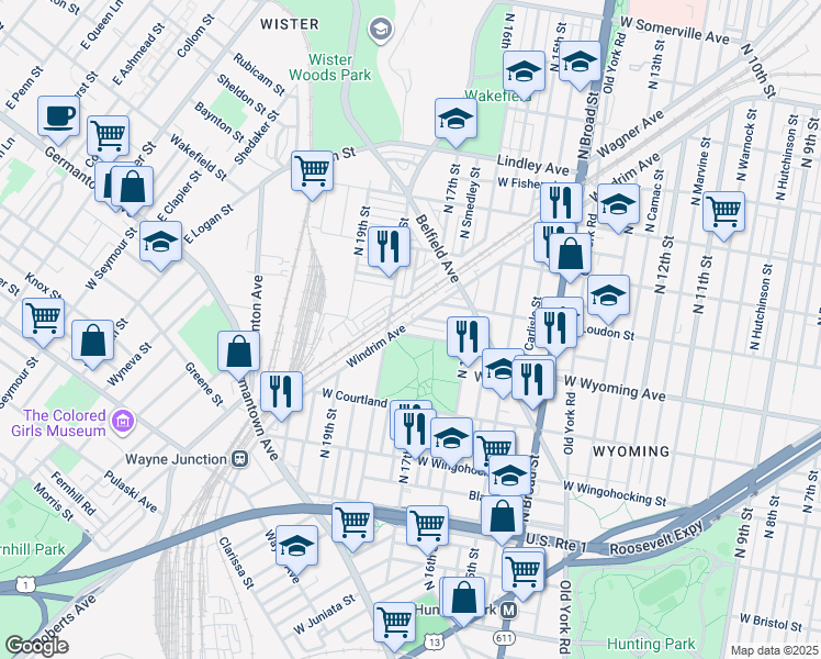 map of restaurants, bars, coffee shops, grocery stores, and more near 1675 West Wyoming Avenue in Philadelphia