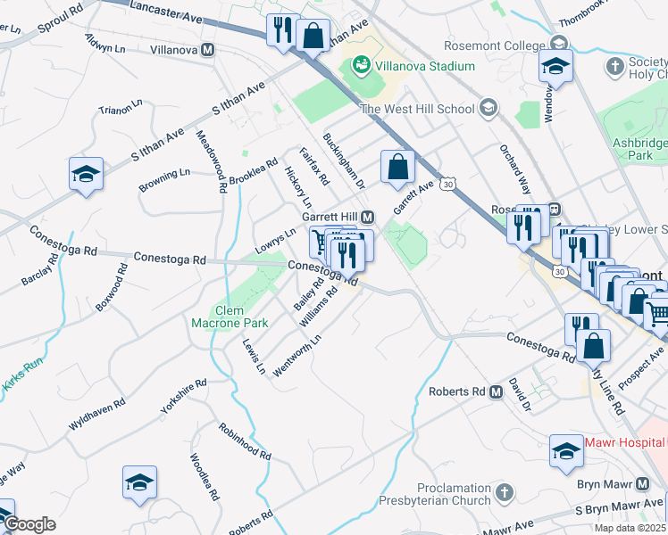 map of restaurants, bars, coffee shops, grocery stores, and more near 831 Conestoga Road in Bryn Mawr