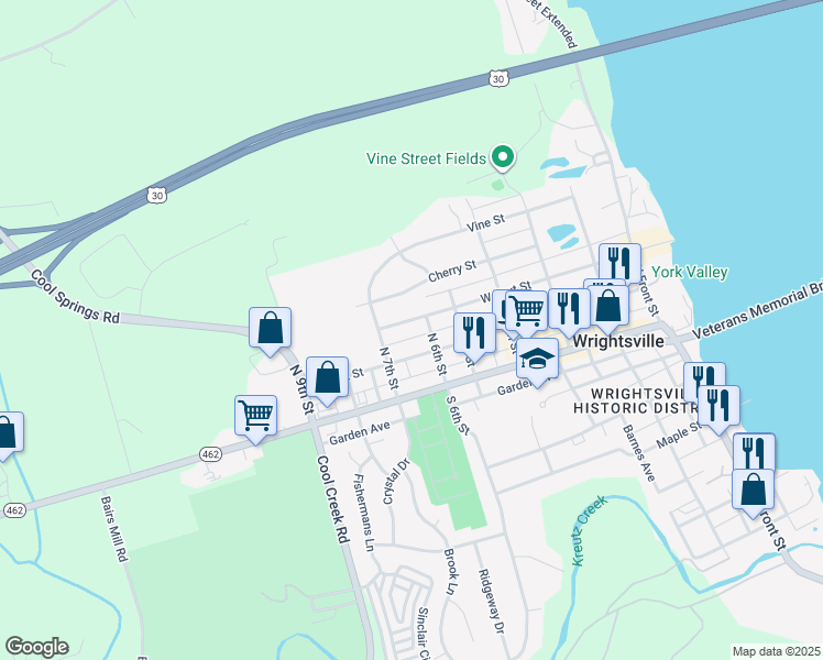 map of restaurants, bars, coffee shops, grocery stores, and more near 255 South 6th Street in Wrightsville