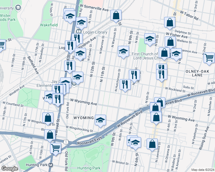 map of restaurants, bars, coffee shops, grocery stores, and more near 4827 North Warnock Street in Philadelphia