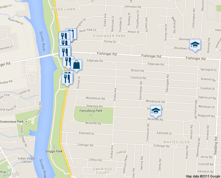 map of restaurants, bars, coffee shops, grocery stores, and more near 2628 Nottingham Road in Columbus