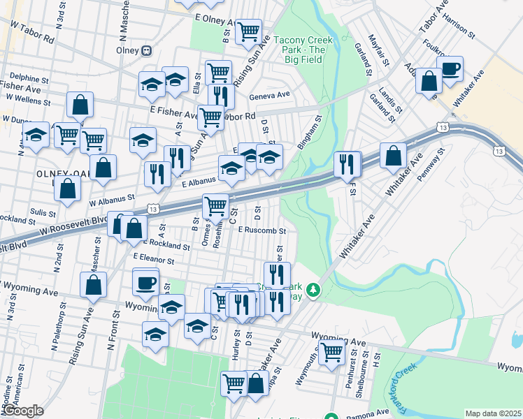 map of restaurants, bars, coffee shops, grocery stores, and more near 5043 D Street in Philadelphia