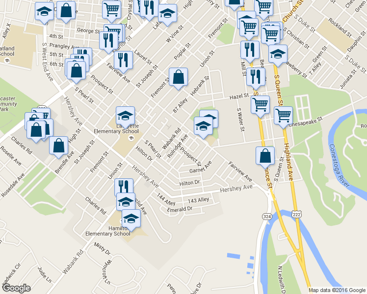 map of restaurants, bars, coffee shops, grocery stores, and more near 533 Prospect St in Lancaster