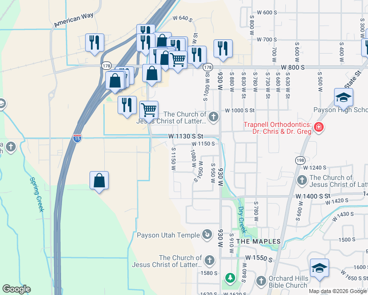 map of restaurants, bars, coffee shops, grocery stores, and more near 1117 West 1150 South in Payson