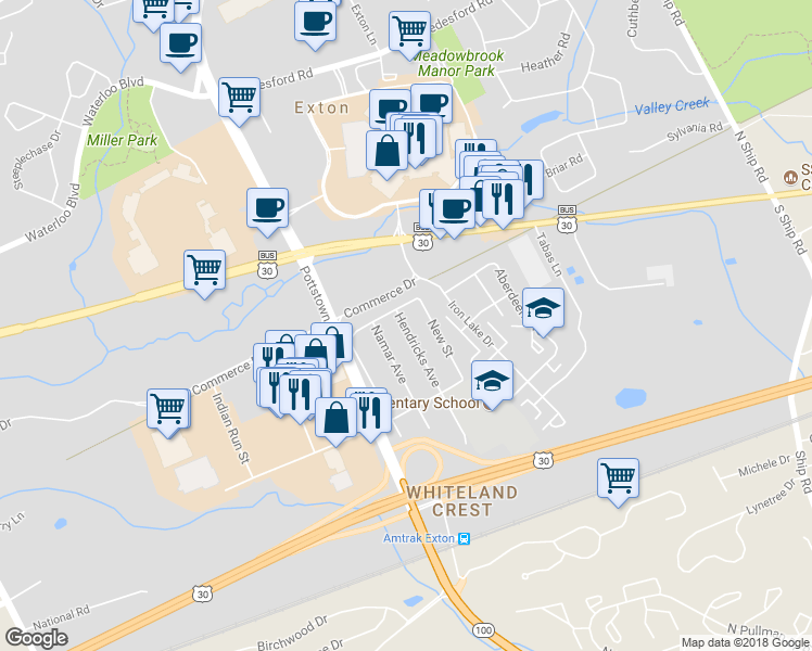 map of restaurants, bars, coffee shops, grocery stores, and more near 203 Hendricks Avenue in Exton