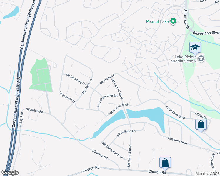 map of restaurants, bars, coffee shops, grocery stores, and more near 17 Mount Gannet Lane in Toms River