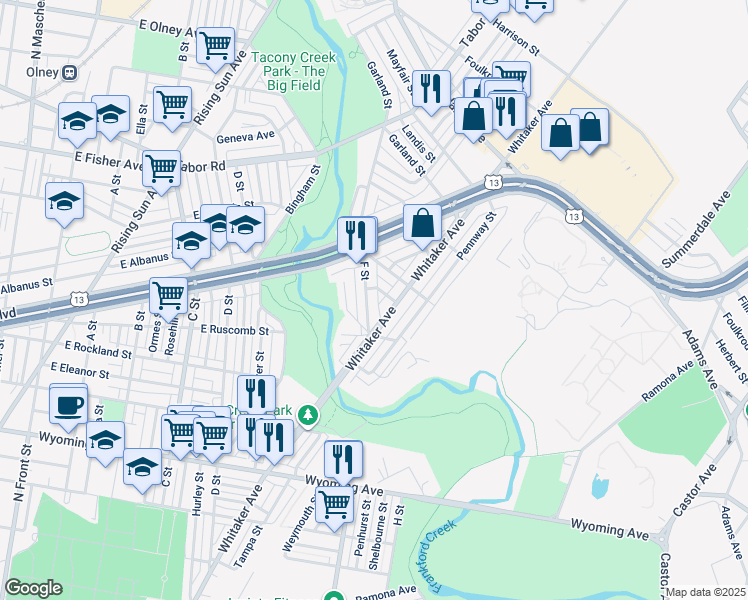 map of restaurants, bars, coffee shops, grocery stores, and more near 5037 F Street in Philadelphia