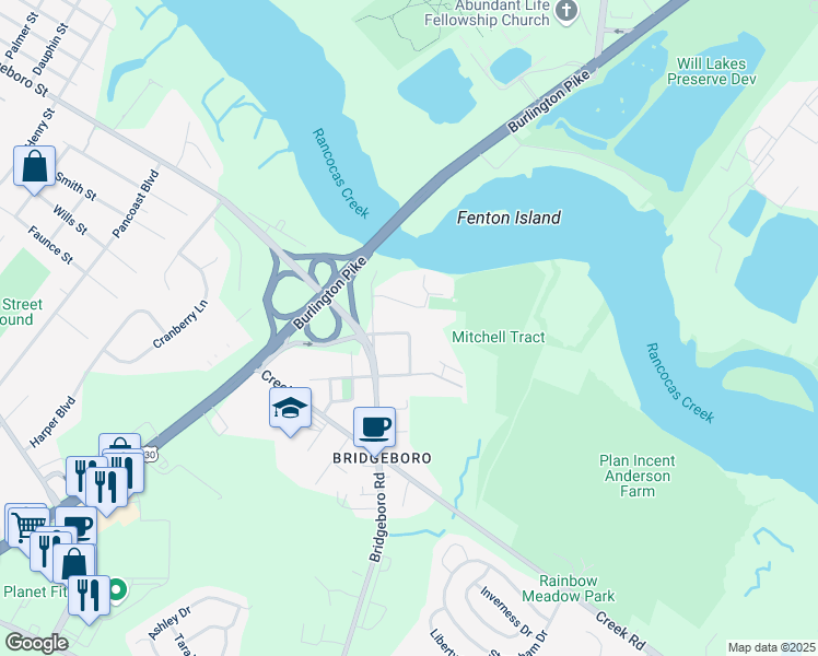 map of restaurants, bars, coffee shops, grocery stores, and more near 7 Cleveland Avenue in Delran