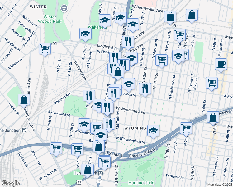 map of restaurants, bars, coffee shops, grocery stores, and more near 4753 North Broad Street in Philadelphia