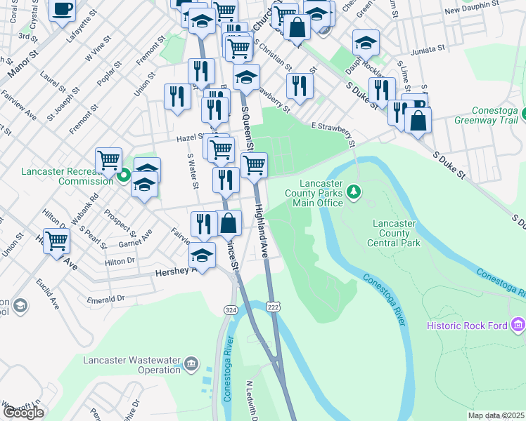 map of restaurants, bars, coffee shops, grocery stores, and more near 719 Highland Avenue in Lancaster