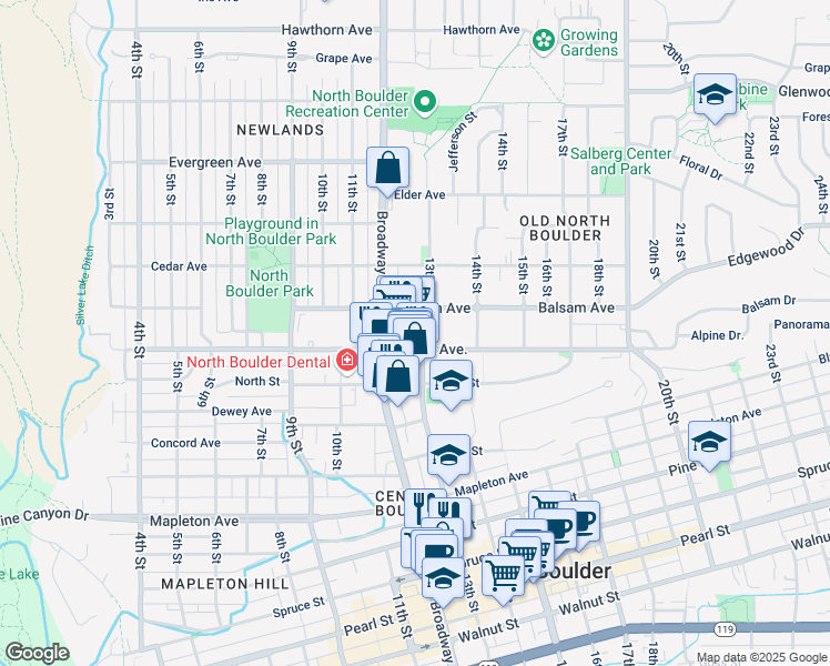 map of restaurants, bars, coffee shops, grocery stores, and more near 1275 Alpine Drive in Boulder