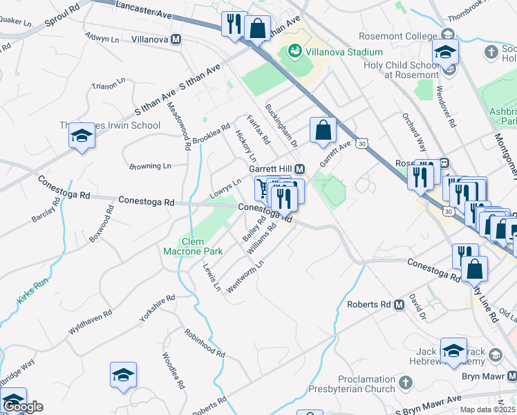map of restaurants, bars, coffee shops, grocery stores, and more near Conestoga Road in Bryn Mawr