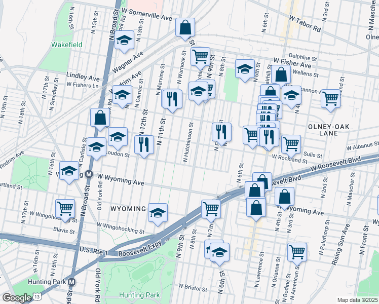 map of restaurants, bars, coffee shops, grocery stores, and more near 4839 N Hutchinson St in Philadelphia