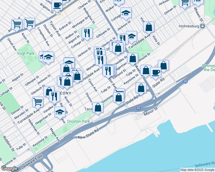 map of restaurants, bars, coffee shops, grocery stores, and more near 7038 Tulip Street in Philadelphia
