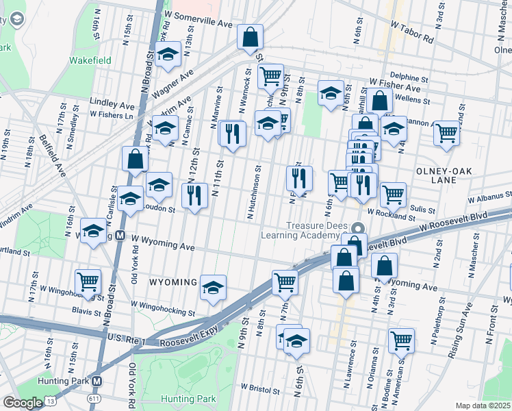 map of restaurants, bars, coffee shops, grocery stores, and more near 4839 N Hutchinson St in Philadelphia