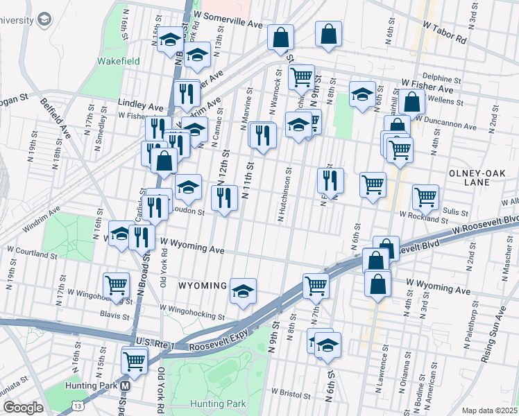 map of restaurants, bars, coffee shops, grocery stores, and more near 4827 North Warnock Street in Philadelphia