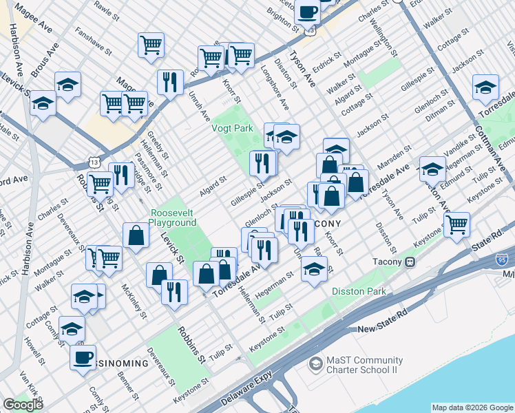 map of restaurants, bars, coffee shops, grocery stores, and more near 6635 Jackson Street in Philadelphia