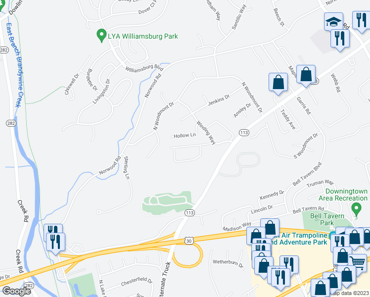 map of restaurants, bars, coffee shops, grocery stores, and more near 500 Campbell Circle in Downingtown