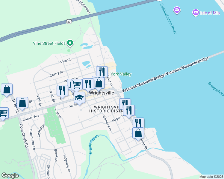 map of restaurants, bars, coffee shops, grocery stores, and more near 111 Pennsylvania 624 in Wrightsville