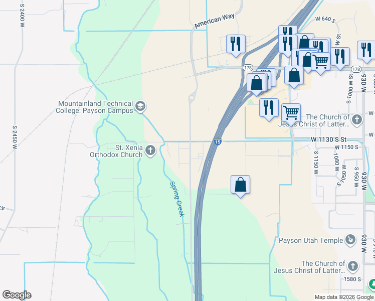map of restaurants, bars, coffee shops, grocery stores, and more near 1703 1160 South in Payson