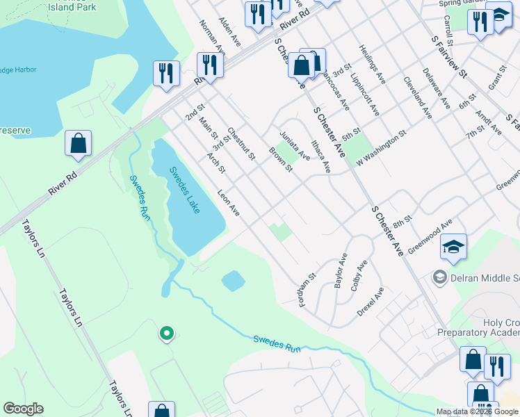 map of restaurants, bars, coffee shops, grocery stores, and more near 419 Arch Street in Delran