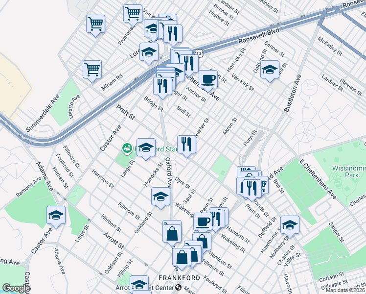 map of restaurants, bars, coffee shops, grocery stores, and more near 1201 Pratt Street in Philadelphia