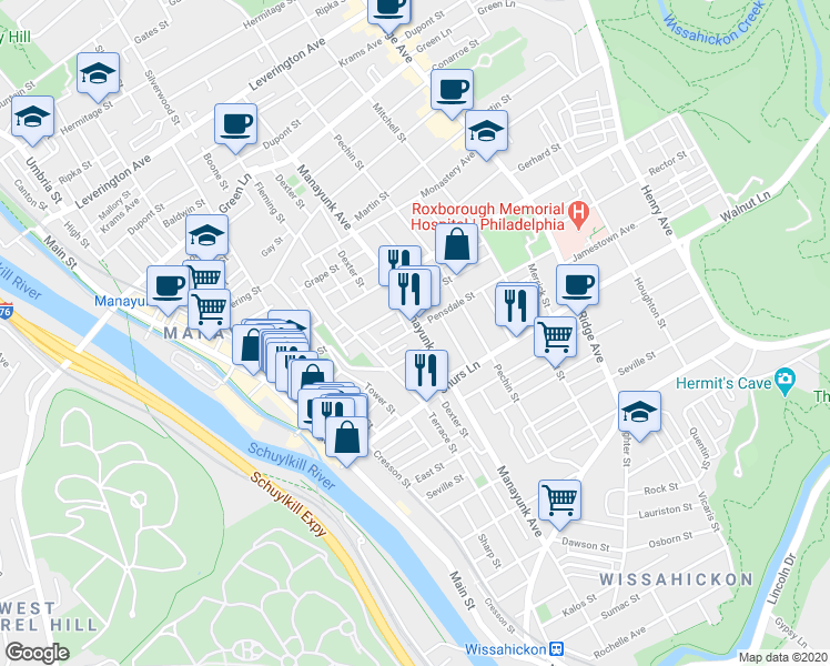 map of restaurants, bars, coffee shops, grocery stores, and more near 239 Pensdale Street in Philadelphia