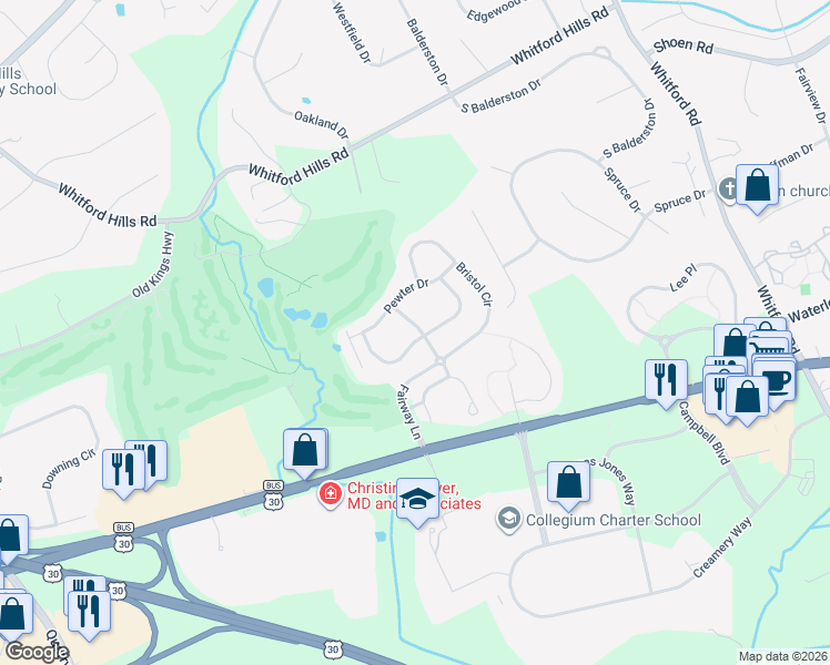 map of restaurants, bars, coffee shops, grocery stores, and more near 555 West Saxony Drive in Exton