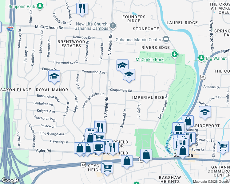 map of restaurants, bars, coffee shops, grocery stores, and more near 325 Chapelfield Road in Columbus