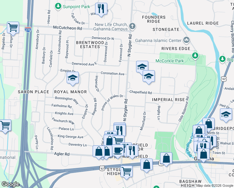 map of restaurants, bars, coffee shops, grocery stores, and more near 293 Avonwick Place in Columbus