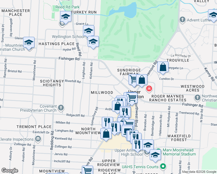 map of restaurants, bars, coffee shops, grocery stores, and more near 1755 Riverhill Road in Columbus