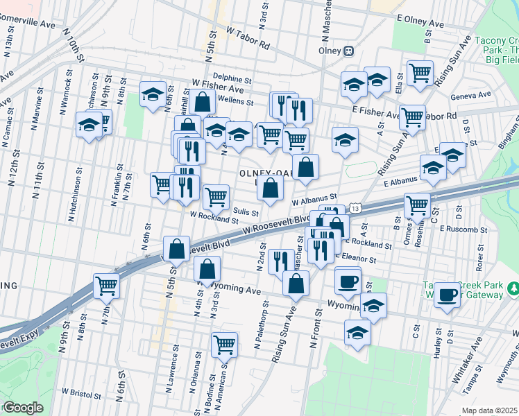 map of restaurants, bars, coffee shops, grocery stores, and more near 200 West Albanus Street in Philadelphia